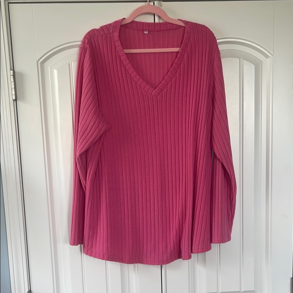 Pink Ribbed V-Neck Sweater